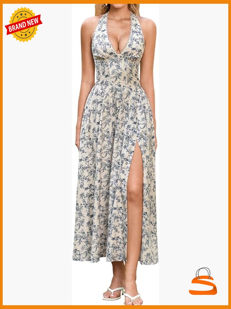 Floral Halter Corset Midi Dress Flowy Slit V Neck Summer Wedding Guest Sundress
